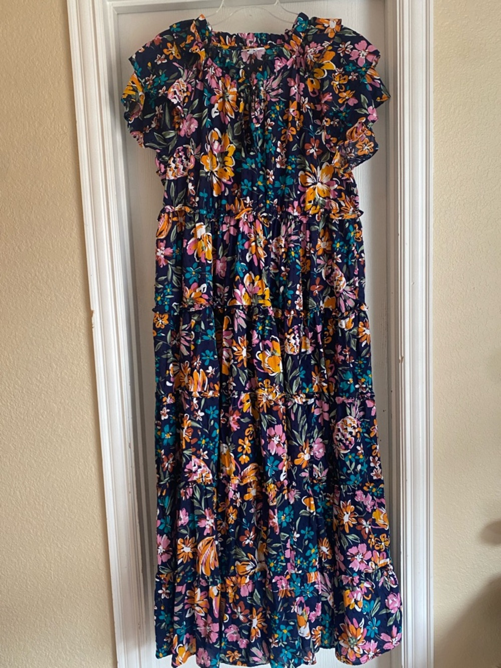 Crown & Ivy Navy Floral Tiered Maxi Dress with Orange & Pink Blooms 100% Cotton - Picture 1 of 4